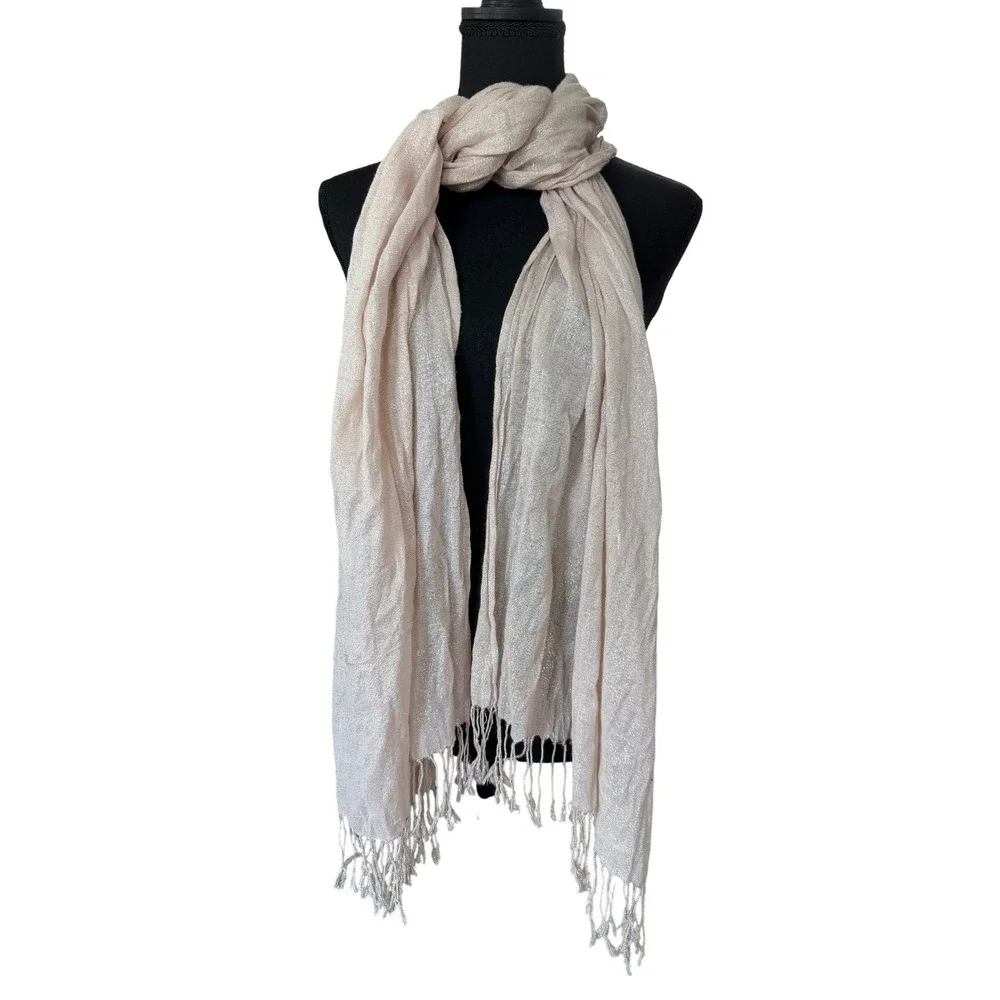 Champagne Metallic Shimmer Wrap Scarf Crinkle Texture Fringe Shawl Gold Sparkle
